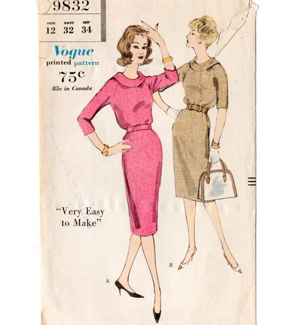 Vogue 9832 Misses Raglan Dress 50s Vintage Sewing Pattern Size 12 Bust 32  Very Easy, Slim Straight Skirt