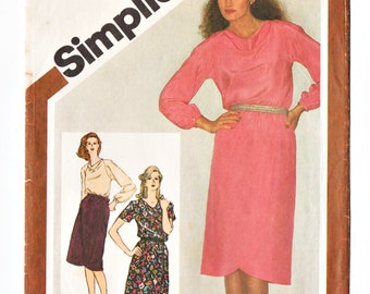 Simplicity 9776 Misses Drape Neck Top, Mock Wrap Skirt 80s Vintage Sewing Pattern Size 12 Kimono Sleeves