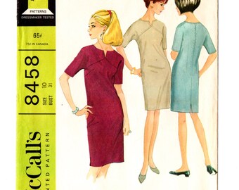 McCall's 8458 Misses Straight Yoked Dress 60s Vintage Sewing Pattern Size 10 Bust 31 Kimono Sleeves Shift