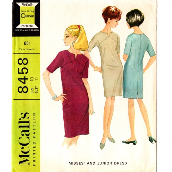 McCall's 8458 Misses Straight Yoked Dress 60s Vintage Sewing Pattern Size 10 Bust 31 Kimono Sleeves Shift