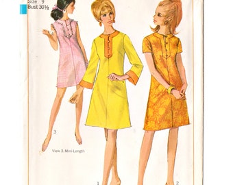 Simplicity 7115 Misses Dress 60s Vintage Sewing Pattern Junior Size 9 Mod Mini Dress, Bell Sleeves, Front Slit, Aline, Sleeveless, Casual