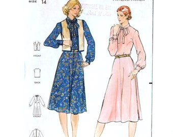 Butterick 5710 Misses Dress, Vest 70s Vintage Sewing Pattern UNCUT Size 14 Bust 36 Tie Collar, Casual, Flared