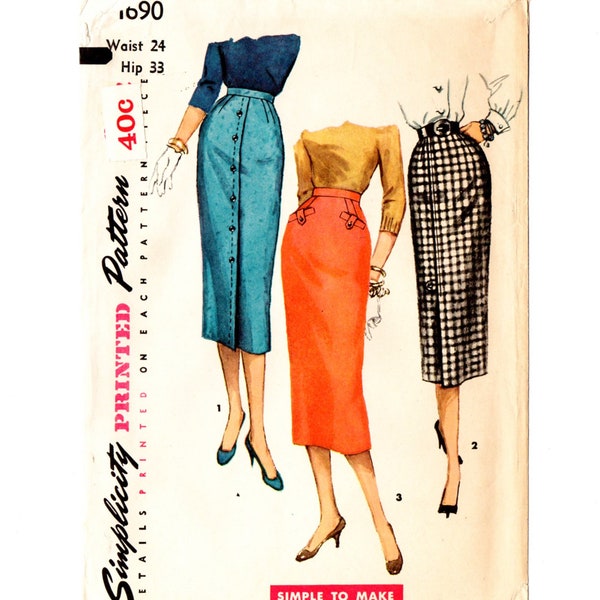 Simplicity 1690 Misses Slim Pencil Skirt 50s Vintage Sewing Pattern Uncut Waist 24, Hip 33 Simple 1 Yd Wiggle Skirt