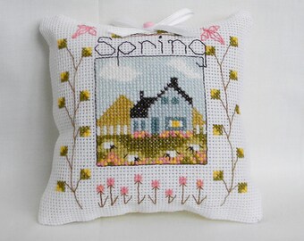 Spring Cross Stitch Mini Tuck Pillow House, Sheep, Flowers Finished/Completed By The Bay Needlearts