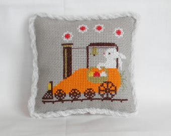 Easter Bunny, Carrot Train Cross Stitch Mini Tuck Pillow Primitive Decoration, Home Decor, finished/completed