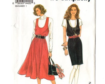 Simplicity 8565 Misses Jumper W/2 Skirts 90s Vintage Sewing Pattern Size XXS 2-4, XS 6-8, S 10-12 Pullover Deep U Neck, Flared/Straight