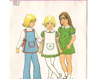 Simplicity 7064 Girls Dress Apron Pants 70s Vintage Sewing Pattern Uncut Size 3 Retro Tabard