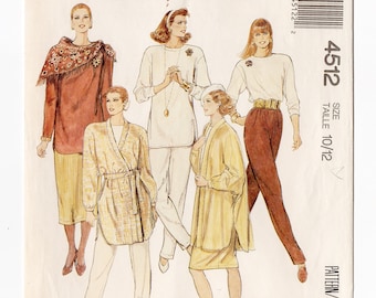 McCall's 4512 Misses Jacket, Tops, Skirt, Pants 80s Vintage Sewing Pattern Size 10 & 12 Loose Fitting, Oversized, Dolman Sleeves, Easy