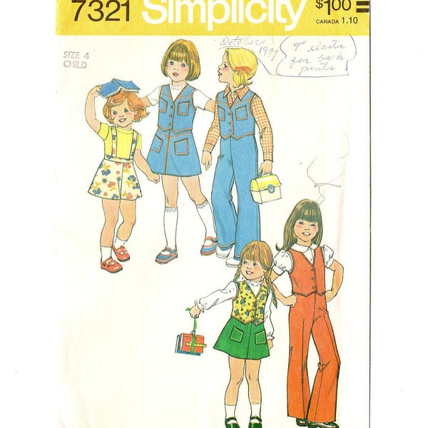 Simplicity 7321 Girls Vest, Skirt, Pants, Suspenders 70s Vintage Sewing Pattern Size 4 Chest 23