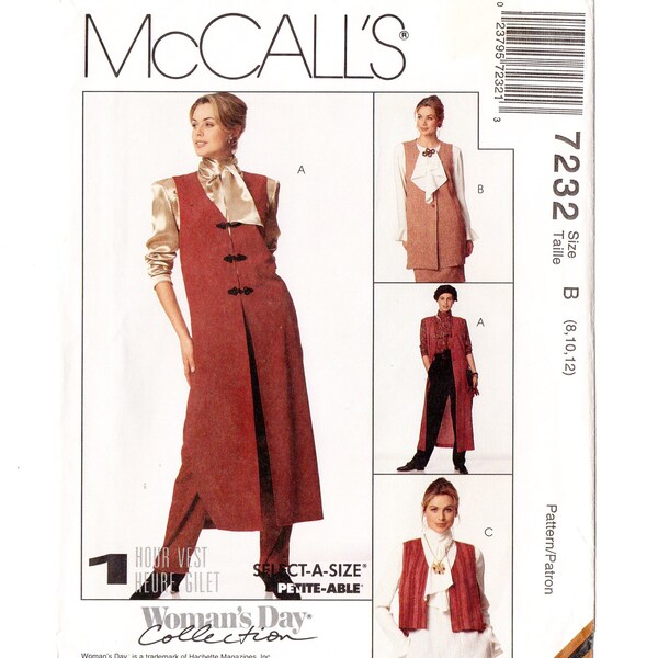 McCall's 7232 Misses 1 Hour Vests 90s Vintage Sewing Pattern Uncut Size 8, 10, 12 Bust 31, 32, 34 Short/Long Casual