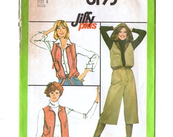 Simplicity 8193 Misses Vest, Hood, Gauchos 70s Vintage Sewing Pattern Uncut Size 8 Bust 31 1/2 Drawstring Hem, Culottes Jiffy Casuals