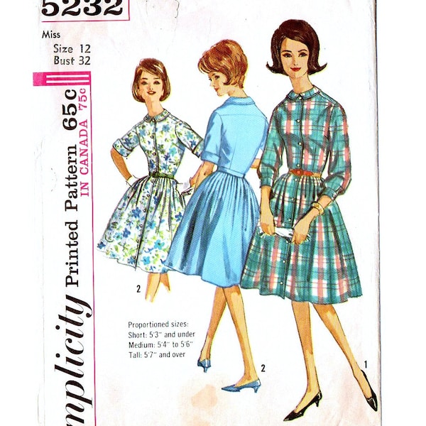 Simplicity 5232 Misses Proportioned Shirtwaist Dress 60s Vintage Sewing Pattern Size 12 Bust 32 Rockabilly