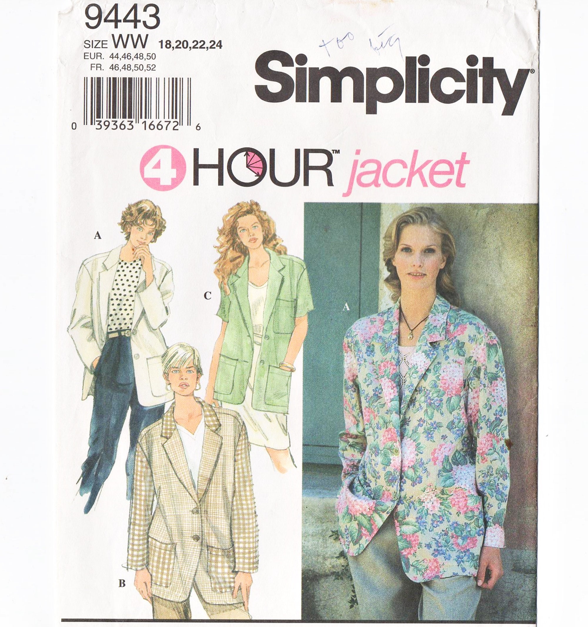 20 Blazer Oversized Loose Fitting Simplicity 9443 Misses 4 Hour Jacket 90s Vintage Sewing Pattern Size 18