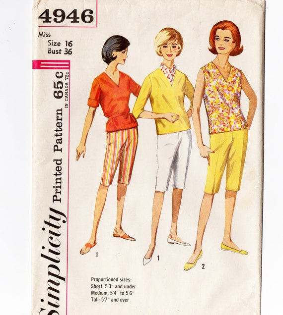 Simplicity 4946 Misses Proportioned Capri Pants, Top 60s Vintage Sewing  Pattern Uncut Size 16 Bust 36 Peddle Pushers, Skimmers, Overblouse 