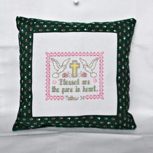 Blessed The Pure In Heart Cross Stitch Mini Tuck Pillow Matthew 5:8 Psalm, Doves, Spiritual, Inspirational Finished/Completed