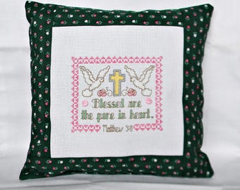 Blessed The Pure In Heart Cross Stitch Mini Tuck Pillow Matthew 5:8 Psalm, Doves, Spiritual, Inspirational Finished/Completed