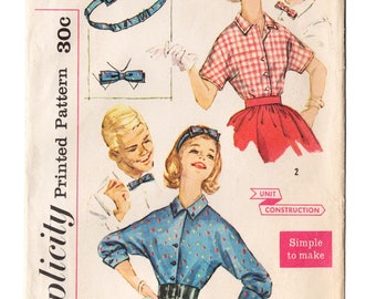 Simplicity 3543 Junior Miss Blouse, Headband, Bow Tie 50s Vintage Sewing Pattern Size 11, Bust 31 1/2 Kimono Sleeves, French Cuffs