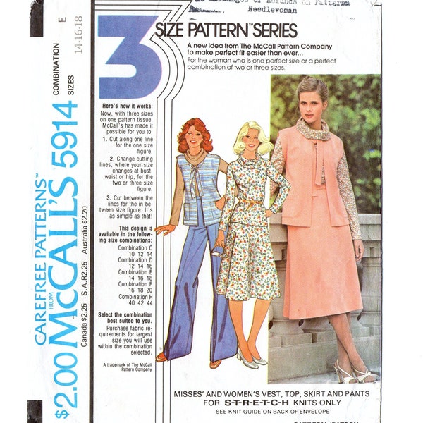 McCall's 5914 Misses Vest, Top, Skirt, Pants 70s Vintage Sewing Pattern Size 14, 16, 18 Front Tie Vest, Cowl Collar Top