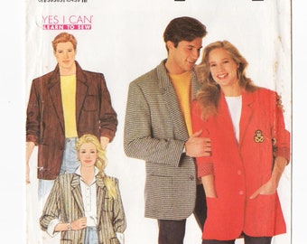 Simplicity 9803 Misses Men Lined Jacket 90s Vintage Sewing Pattern Uncut Size XXSM, XSM, SM Bust Chest 28-36 Very Loose Fitting, Unisex