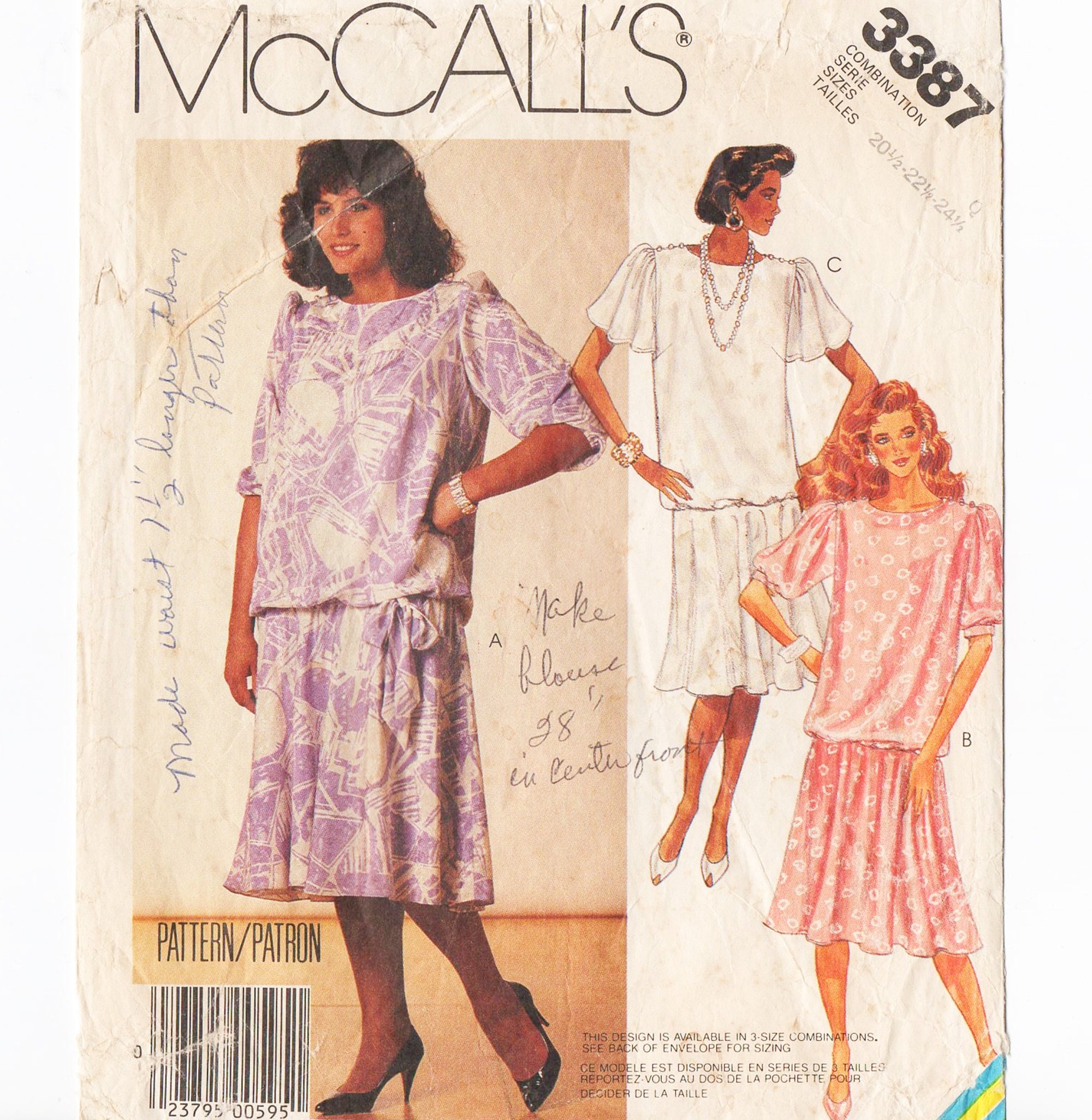Mccalls 3387 Misses Drop Waist Dress 80s Vintage Sewing