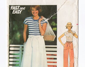 Butterick 4767 Misses Shirt, Skirt, Pants 70s Vintage Sewing Pattern Size 10 Drawstring Paper Bag Waist, T-Shirt, Top, Fast & Easy Pattern