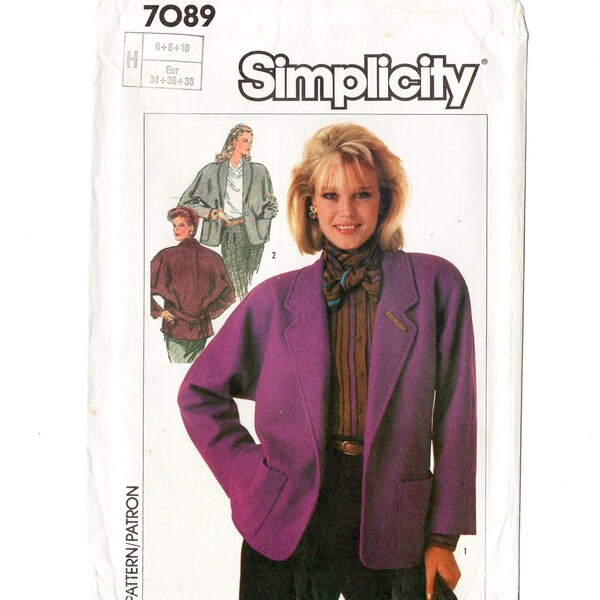 Simplicity 7089 Misses Lined Jackets 80s Vintage Sewing Pattern Uncut Size 6, 8, 10 Loose Fitting, Back Belt, Dolman Sleeve