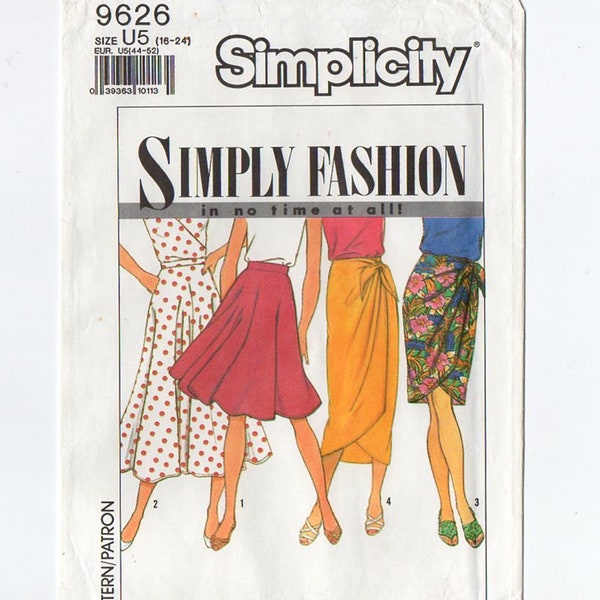 Simplicity 9626 Misses Skirts 90s Vintage Sewing Pattern Uncut Size 16, 18, 20, 22, 24 Half Circle, Flared, Mock Sarong, 2 Lengths, Easy Sew