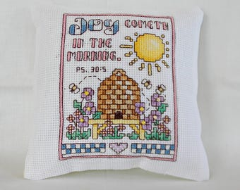 Joy Cometh In The Morning Cross Stitch Mini Tuck Pillow, Psalm 30:5, Beehive, Flowers, Beads Inspirational Home Decor, finished/completed