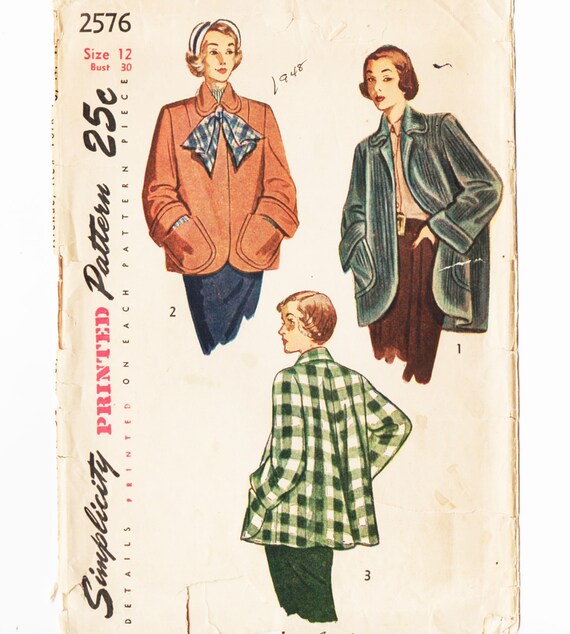 Simplicity 2576 Misses Swing Coat Jacket Topper 40s Vintage