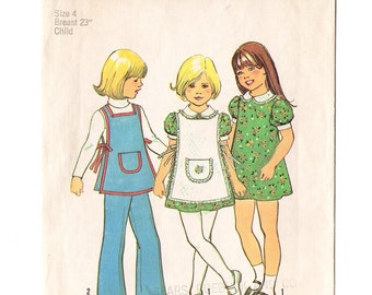 Simplicity 7064 Girls Dress Apron Pants 70s Vintage Sewing Pattern Size 4 Retro Tabard