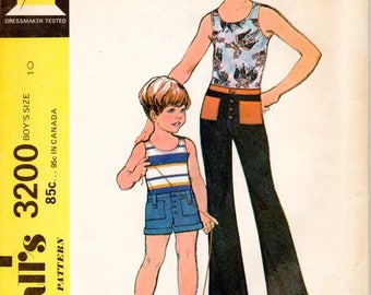 McCall's 3200 Boys 70s Tank Top Pants Shorts Vintage Sewing Pattern Size 10 Button Trimmed, Fly Front, Patch Pockets