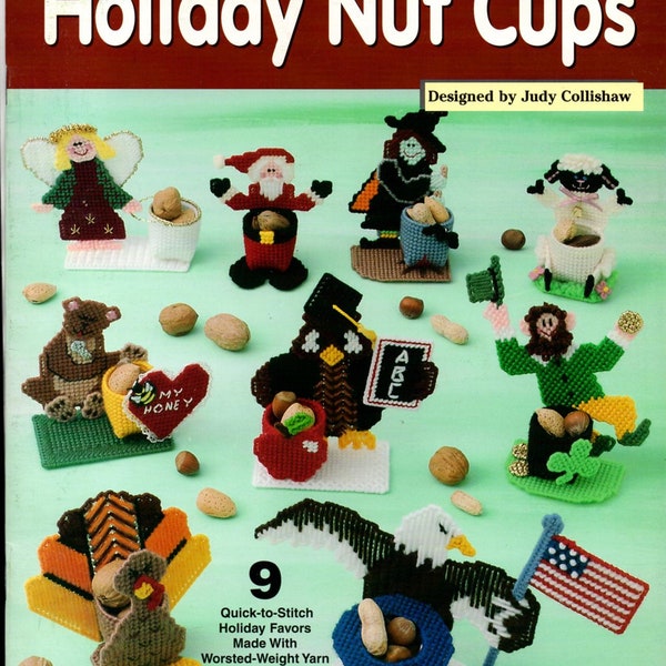 Holiday Nut Cups Plastic Canvas Pattern Leaflet 842332 Needlecraft Shop Santa, Turkey, Eagle, Witch Party Favors