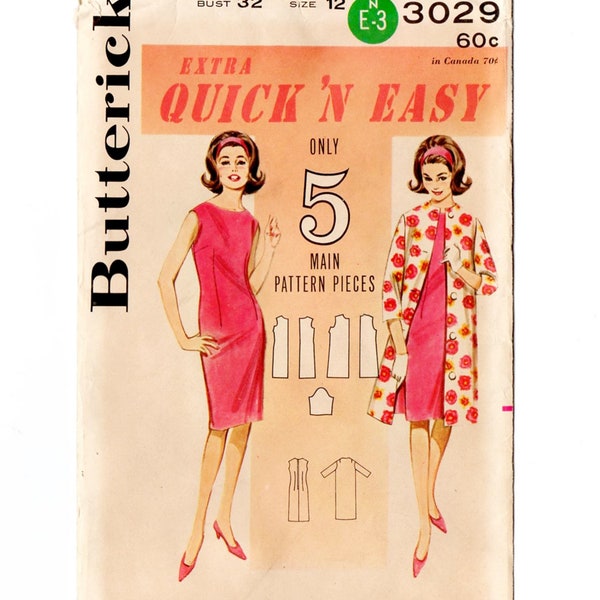 Butterick 3029 Misses Dress, Coat 60s Vintage Sewing Pattern Uncut Size 12 Bust 32 Quick & Easy Sleeveless, Straight Skirt