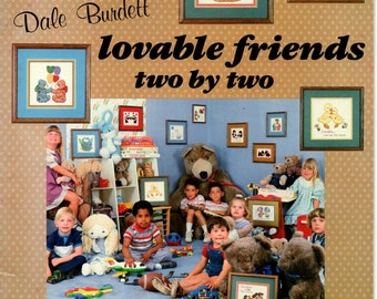 Lovable Friends Two by Two 10 Cross Stitch Patterns 80s Burdett Leaflet 58 Scottie, Mice, Bunny, Panda, Bears