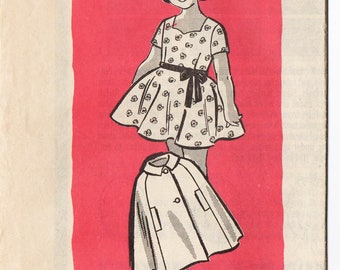 Mail Order 9447 Girls Dress, Cape 60s Vintage Sewing Pattern Size 8 Chest 26 Sweetheart Neckline, Circle Skirt, Front Button Cape