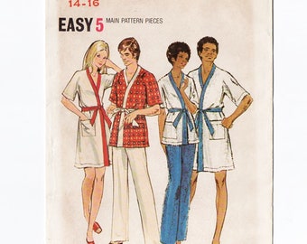 Butterick 6475 Misses Wrap Robe, Pants 70s Vintage Sewing Pattern Size Large 14 - 16 Kimono Style, Pajama Pants