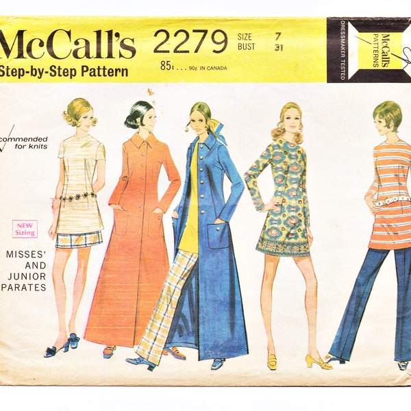 McCall's 2279 Misses Coat, Dress, Top, Skirt, Pants 70s Vintage Sewing Pattern Size 7 Maxi Coat, Tunic, Mod, BOHO