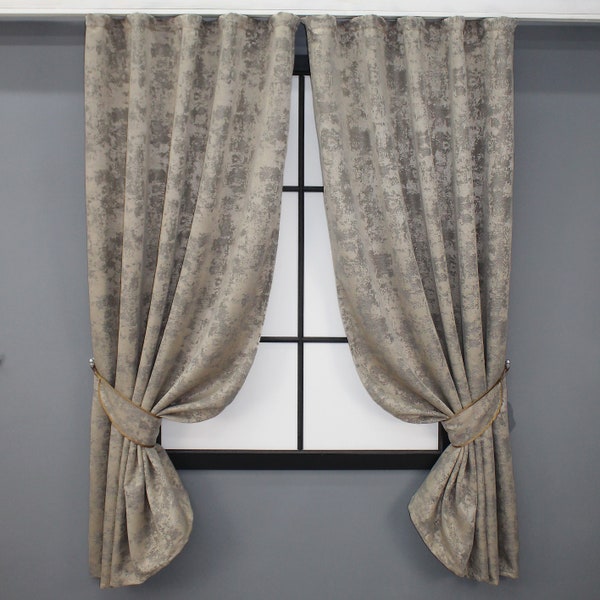 Designer Jacquard Curtains Beige Gray, Custom Size Panels for Bedroom, Living Room, Children's Room, Luxury Curtains