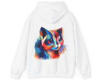 Unisex-sweater met capuchon | Leuke kat | Kleurrijke mystieke kat | Abstracte rugkunst