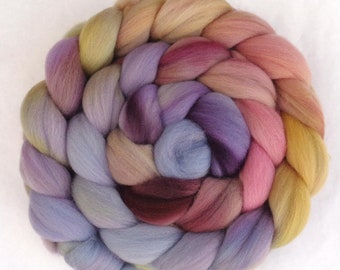 Wool braid spinning/felting/chunky weaving/dreads fiber, hand dyed Polwarth roving 18-20 micron muted blue yellow brown pink, 100g/3.5oz