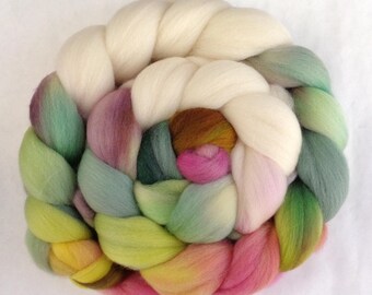 Artisan wool braid spinning/felting/chunky weaving/dreads fiber, hand dyed Polwarth roving 18-20 micron green yellow pink white, 100g/3.5oz