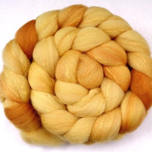 Merino silk hand dyed roving 50-50 blend honey yellow orange, 20 micron fiber braid for spinning/felting/dreads, unspun wool, 3.5oz/100g
