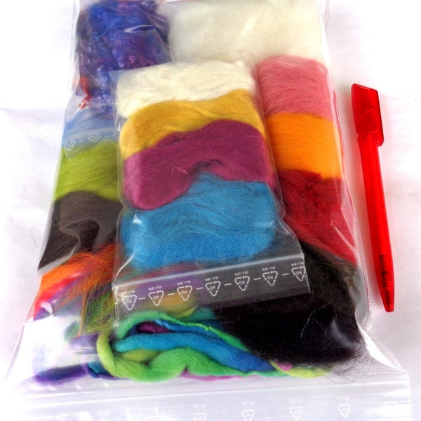 Fiber project bag 2.1oz, merino wool and silk for wet and needle felting, combed tops mixed colours, grab bag for kids and beginners, 60g