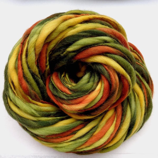 HARVEST handspun super bulky thick and thin yarn, slub dreads, chunky weaving variegated green yellow auburn orange, 100g/64m, 3.5oz/71yds