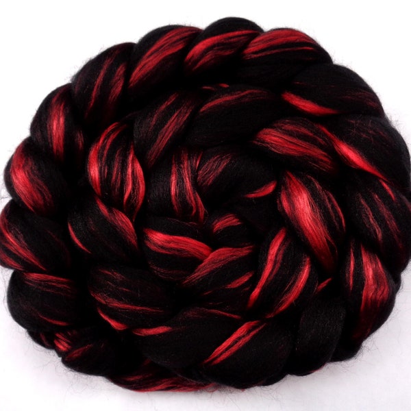 70/30 merino mulberry silk roving black ruby red, nuno felting and hand spinning fiber, 20 micron unspun wool top, chunky weaving 100g/3.5oz