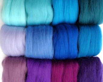 Purple Blue Teal set of 12 colors merino wool roving for needle/wet felting, doll hair, spinning fiber,(0.16oz/4-5g per color) = 1.8oz/50g