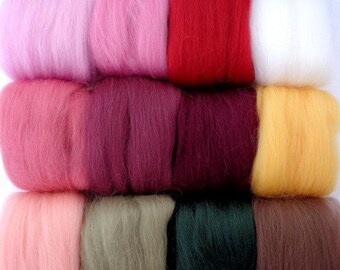 Rose Delight set of 12 colors merino wool for felting, doll hair, roving spinning fiber pink green (0.16oz/4-5g per color) total 1.8oz/50g