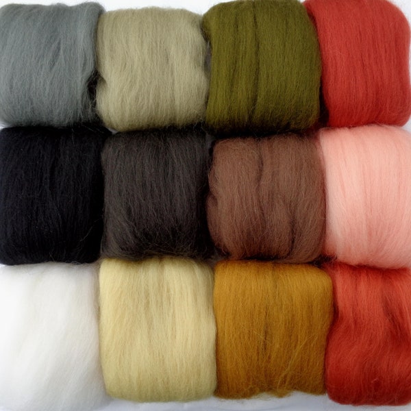 Landscape set of 12 colors merino wool roving for needle/wet felting, doll hair, country spinning fiber, (0.16oz/4-5g per color) = 1.8oz/50g