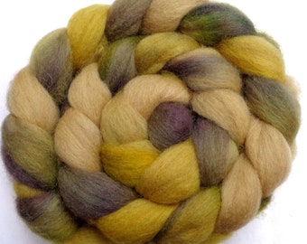 26 micron brazilian hand dyed felting/spinning fiber for beginners, combed wool top in variegated yellow green taupe, 100g, 3.5oz