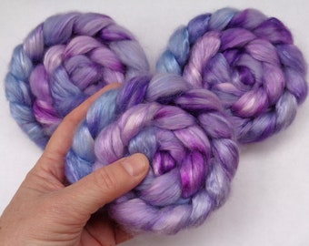 1oz cashmere silk 50/50 blend hand dyed roving blue purple shades white, 15 micron luxury spinning fiber, nuno felting dyed combed top, 30g